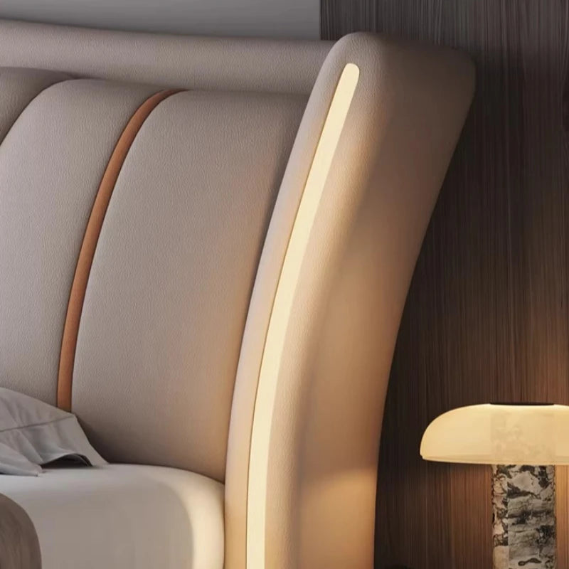 Home Leather bed with light modern minimalist lit 150x200 180x200 200x220 cm Double bed 2 people bedroom beds frames Furniture