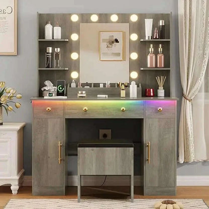 Vanity Desk with Mirror and Lights,Pink Makeup Vanity with Charging Station & Vanity Stool, 3 Drawers and Cabinets White Vanity