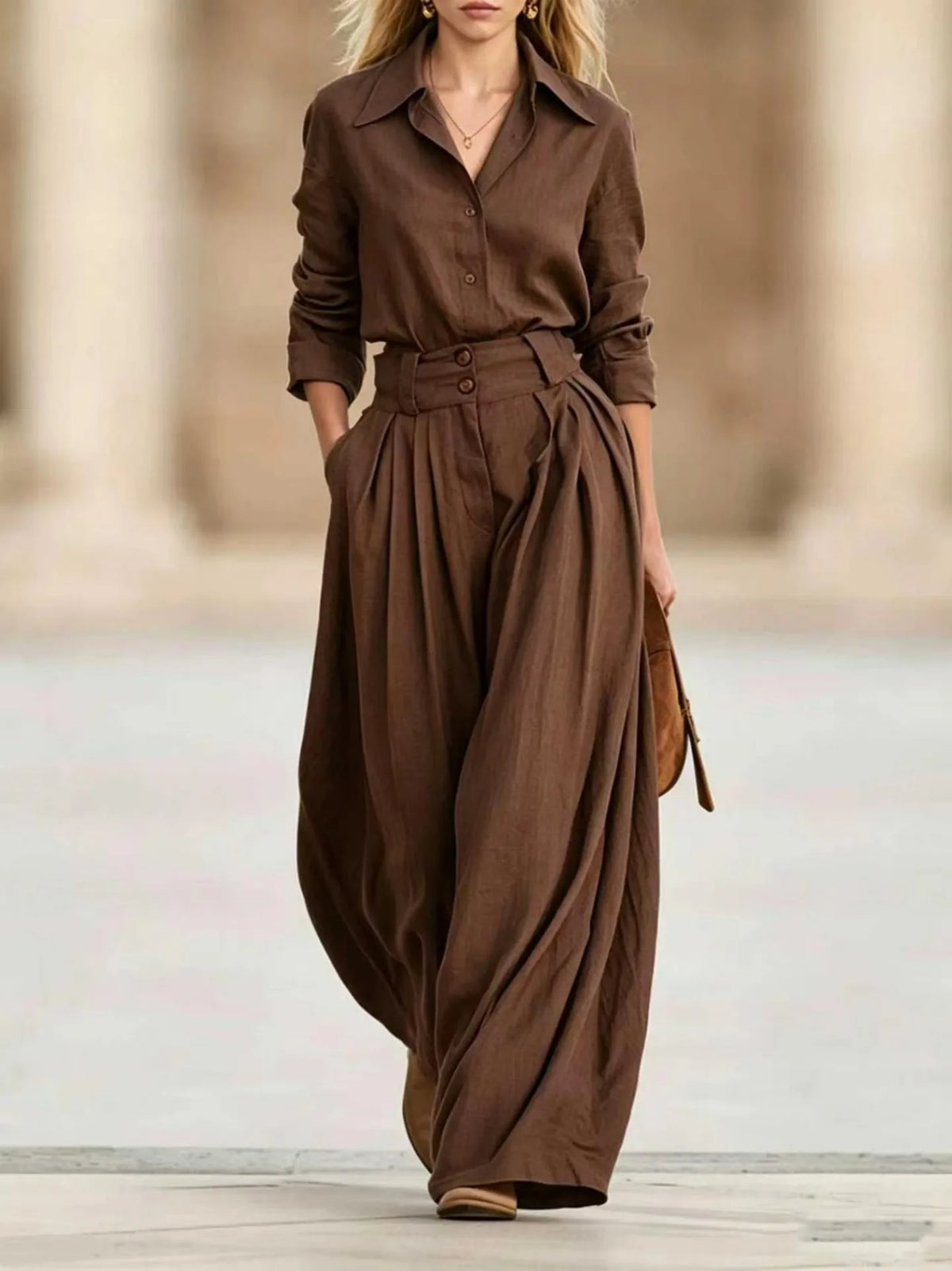 Women Solid Two Piece Outfit Autumn Lapel Long Sleeve Button Shirt + High Waist Pleated Wide Leg Pants Set Casual Office Suits