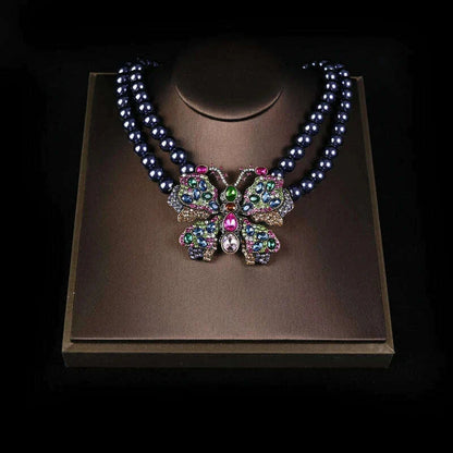 HD European and American  Sweet Retro Heavy Industry Elegant Literary Sparkling Rhinestone Butterfly Necklace Stud Earrings