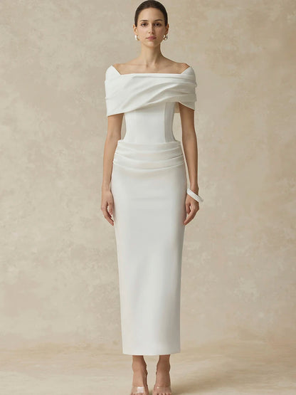 DEAT Elegant Dress Slash Neck Pleated Back Split Slim Hip Warp Long Women's Evening Party Dresses 2026 Winter New Tide...