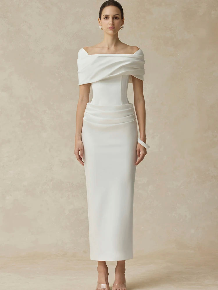 DEAT Elegant Dress Slash Neck Pleated Back Split Slim Hip Warp Long Women's Evening Party Dresses 2026 Winter New Tide...