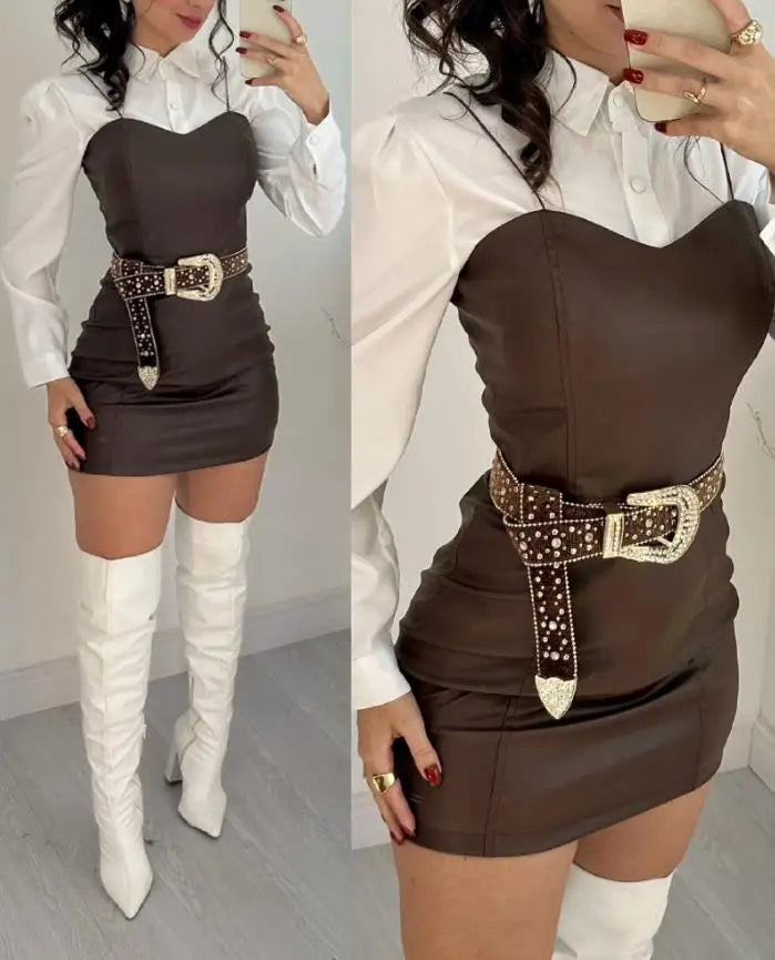 Two Piece Set Women Outfit 2025 Spring New Turn-Down Collar Long Sleeve Blouses & Casual Spaghetti Straps PU Leather Skirt - Kimlud