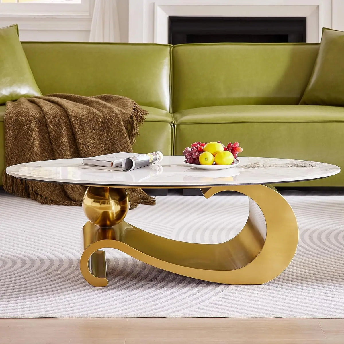 49.2-Inch Modern Oval Faux Marble Coffee Table with Sturdy Gold Metal Base - Luxury Living Room Furniture for Home Decor - Kimlud