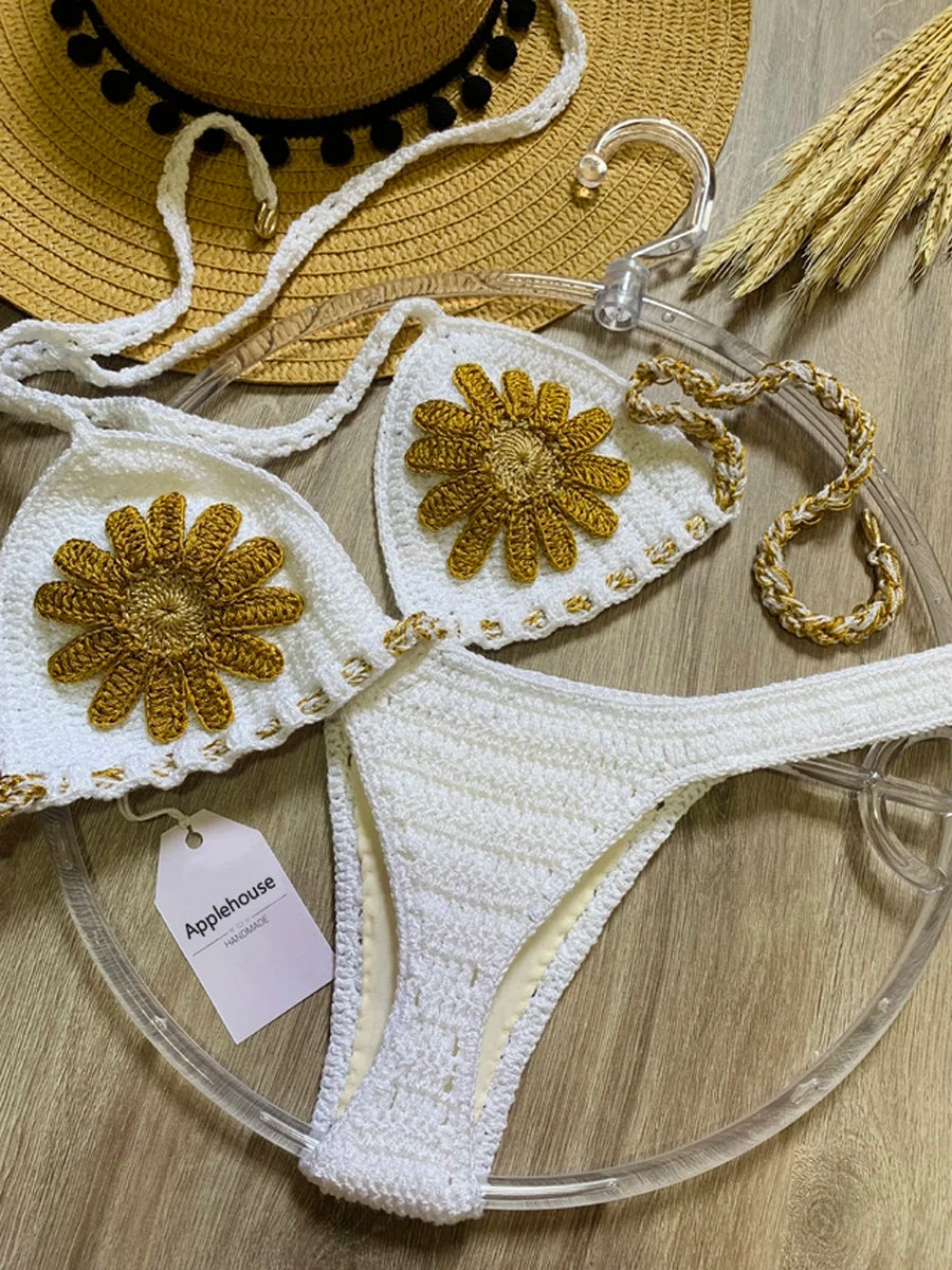 Crochet Bikinis Set Mujer Tankini Swimwear Women Biquinis Feminino Sexy Swimsuit Biquini Flor Brazilian Adjustable Thong Bikini - Kimlud