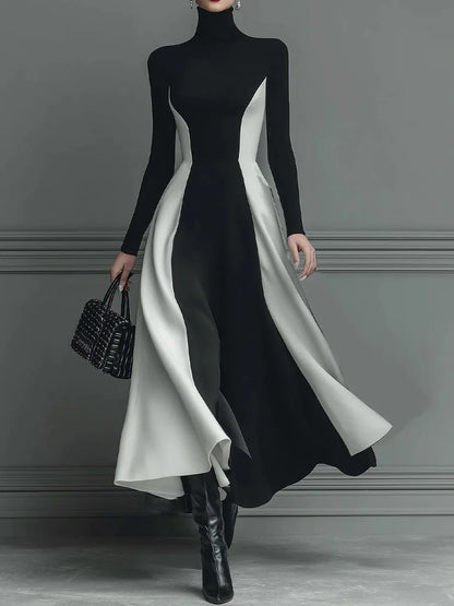 Elegant Black White Patchwork Maxi Dresses Women Fashion Turtleneck Long Sleeves Slim Dress New Female Evening Party Robes