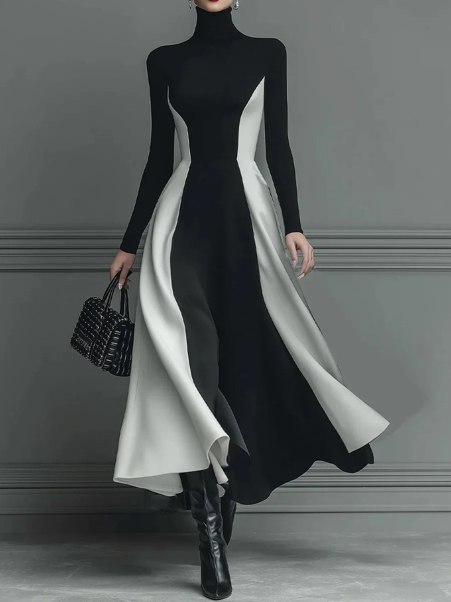 Elegant Black White Patchwork Maxi Dresses Women Fashion Turtleneck Long Sleeves Slim Dress New Female Evening Party Robes