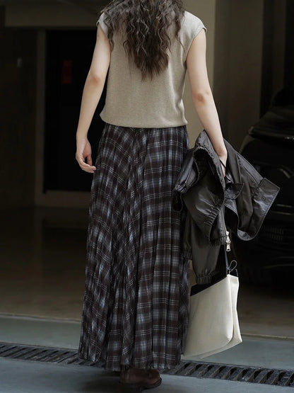 [EAM] High Elastic Waist Blue Coffee Plaid Vintage A-line Half-body Skirt Women Fashion Tide New Spring Autumn 2026 1DJ3750 - Kimlud