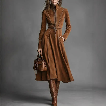Elegant Vintage Suede Long A- Line Skirt with Belt And Zipper High Waist Travel Business Casual Party Streetwear Daily Dress