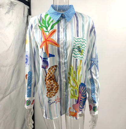 Bohemia Satin Print Loose Two Piece Sets Women Causal Long Sleeve Shirts+Long Wide Leg Pants Female Beach Summer Outfits