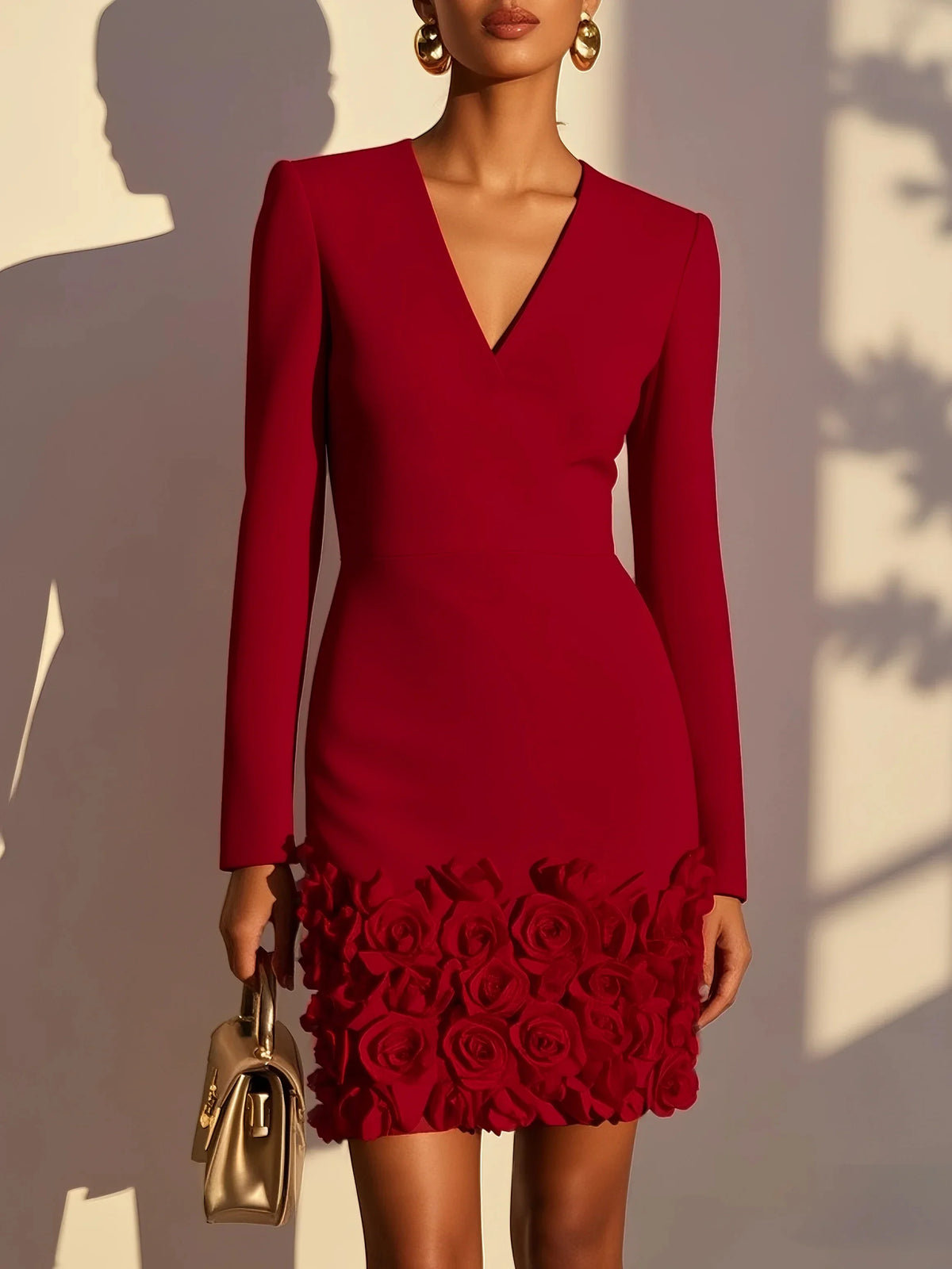 Fashion Formal Jersey Handmade Flower Pleat Straight V-neck Short Dresses Evening Party Slim Dresses High Quality Autumn Dress
