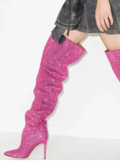 2025Women's New European and American Fashion Show Starry Sky High-heeled Rhinestone Pointed Nightclub Four Seasons Boots