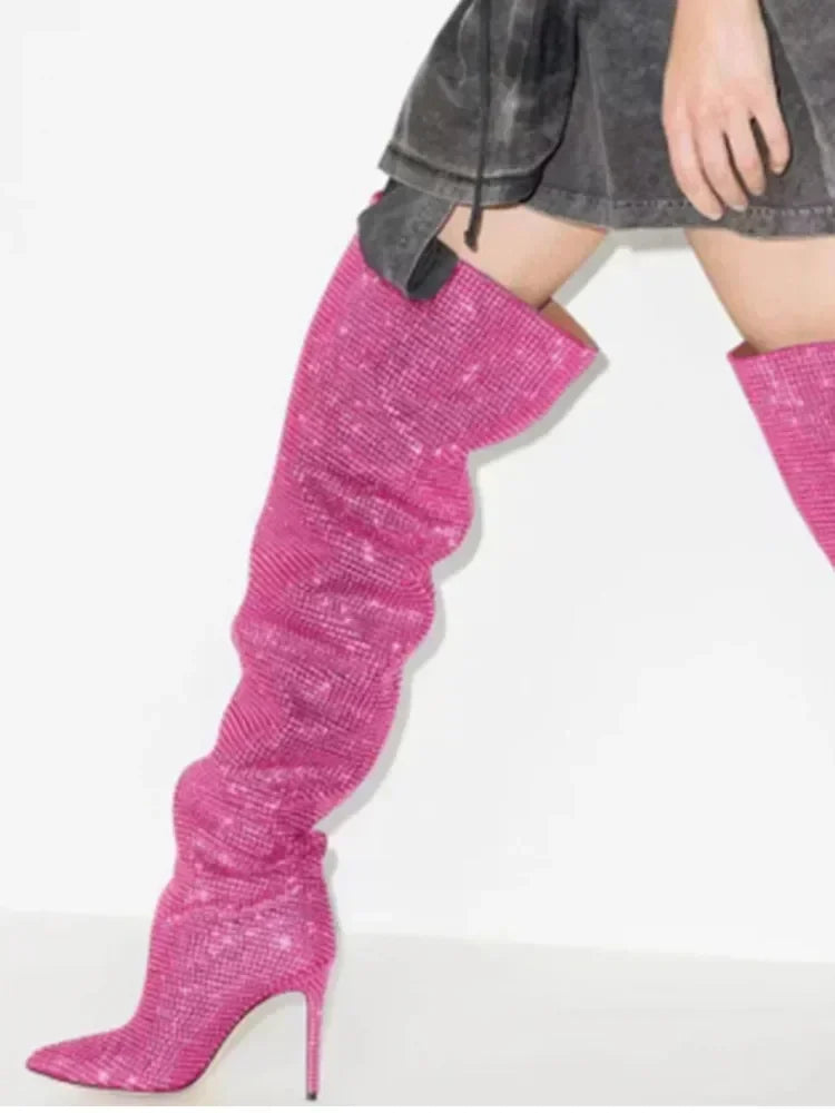 2025Women's New European and American Fashion Show Starry Sky High-heeled Rhinestone Pointed Nightclub Four Seasons Boots