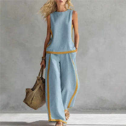 Women's 2-piece Set 2026 New Sleeveless Contrast Wide Leg Pants Suit Summer Casual Fashion Two-piece Trendy Style Women Clothing