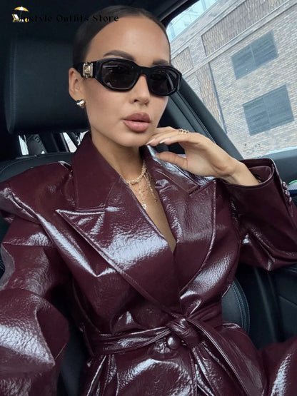 Vintage Pu Leather Belted Jackets Women's Slim Full Sleeve Lapel Short Overcoat 2025 New Autumn Winter Ladies Solid Streetwear