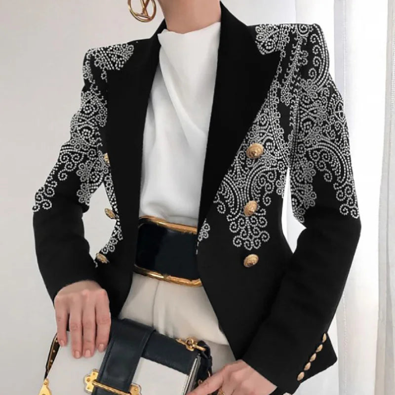 Long Sleeve Button Patchwork Simple Outerwear, Women Spring Autumn Turn-Down Collar Chic Coats, New Print Fashion Ladies Blazers