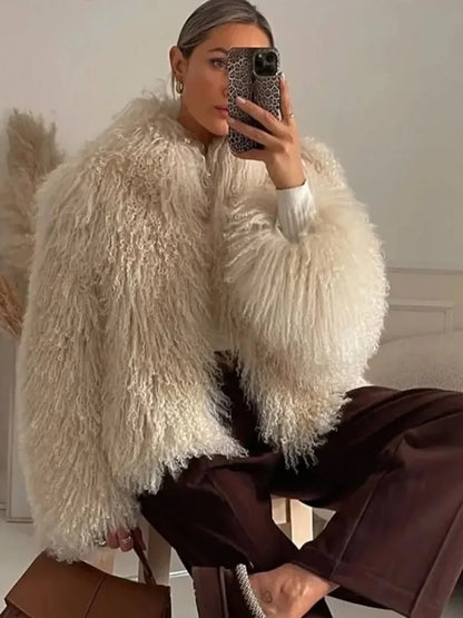 Casual Creamy-white Thick Faux Fur Short Coat Women Long Sleeve Turn Down Collar Warm Soft Jacket Female Winter Daily Outerwear
