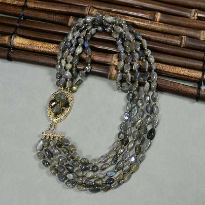 G-G 20" 5 Rows Natural Gray Labradorite Gems Stone Necklace Multi Strands Necklace Jewelry For Women