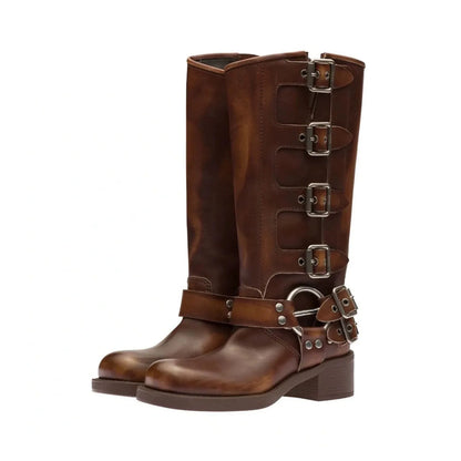 Arden Furtado 2025 Genuine Leather Platform Rivet Motorcycle boots Round toe Belt buckle Block heel mid wide calf Western boots