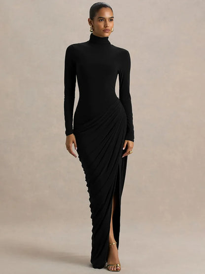 Mozision Turtleneck Long Sleeve Sexy Maxi Dress Women Elegant Autumn Winter High Waist Ruched Thigh High Split Club Long Dress