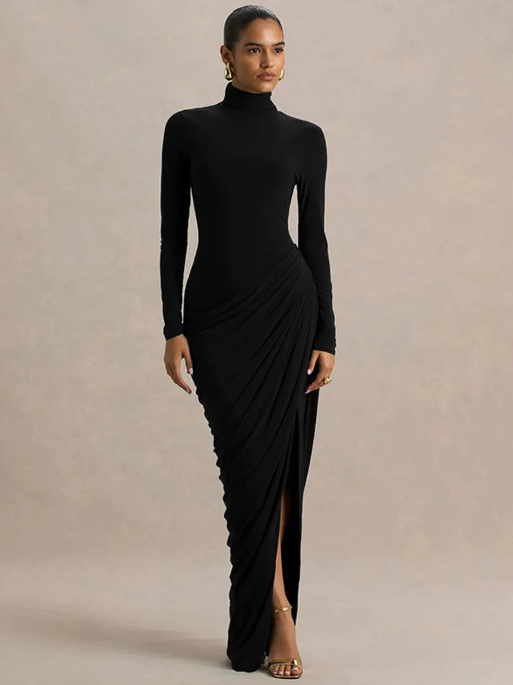 Mozision Turtleneck Long Sleeve Sexy Maxi Dress Women Elegant Autumn Winter High Waist Ruched Thigh High Split Club Long Dress