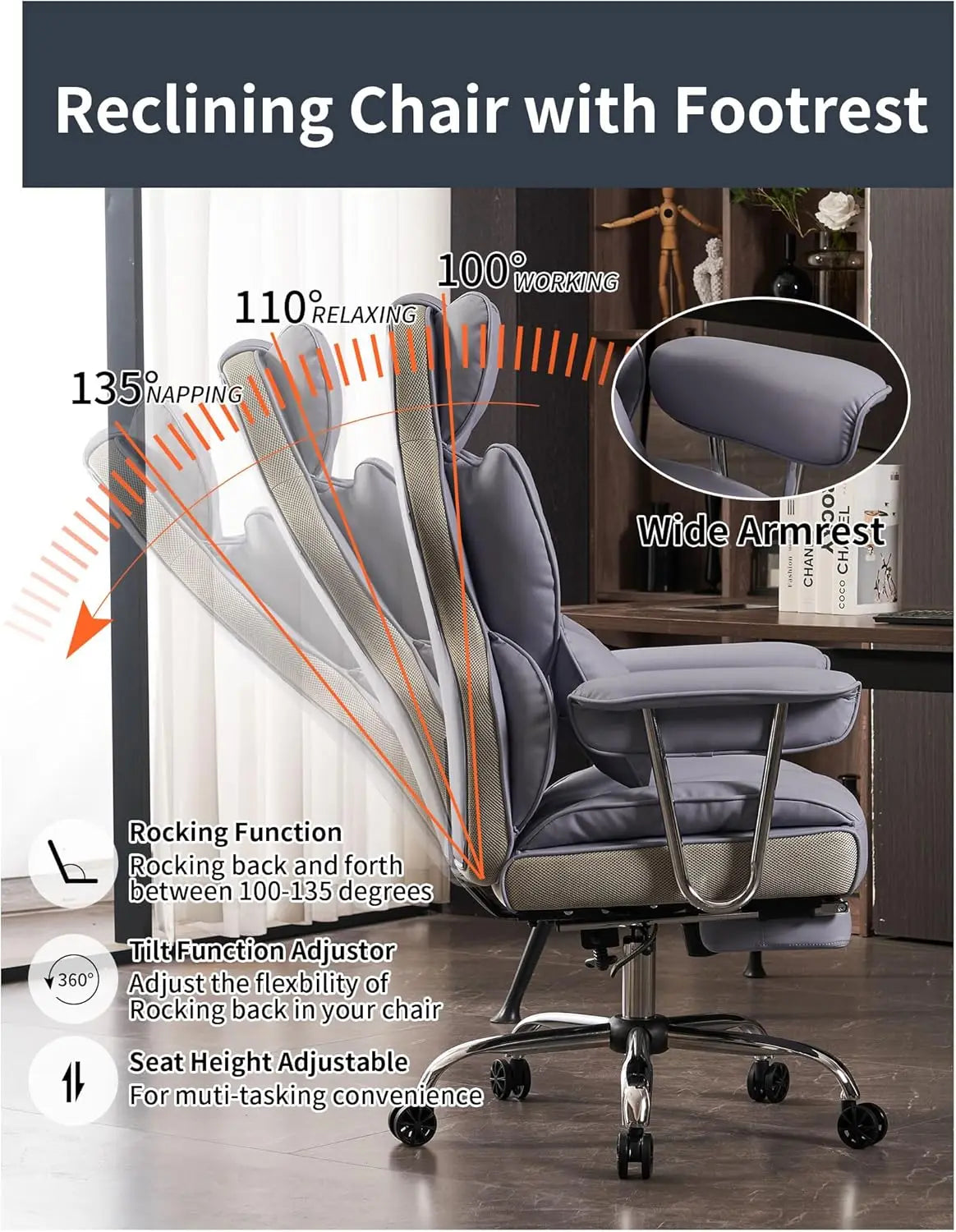 Big and Tall Office Chair 440LBS, Purple Heavy Duty Executive Chair with Footrest, Ergonomic Desk Chair for Home Office,...