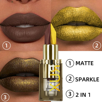 Two tone Color Metallic Lipstick Glitter Shimmer Lip Liner Pen Matte Velvet Finish High Pigment  Smooth Lip Tint Korean Makeup
