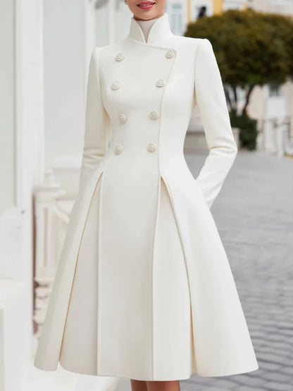 2026 New Women's Elegant White Evening Coat Dress High Neck Double Breasted Long Sleeves Urban Formal Office A-line...