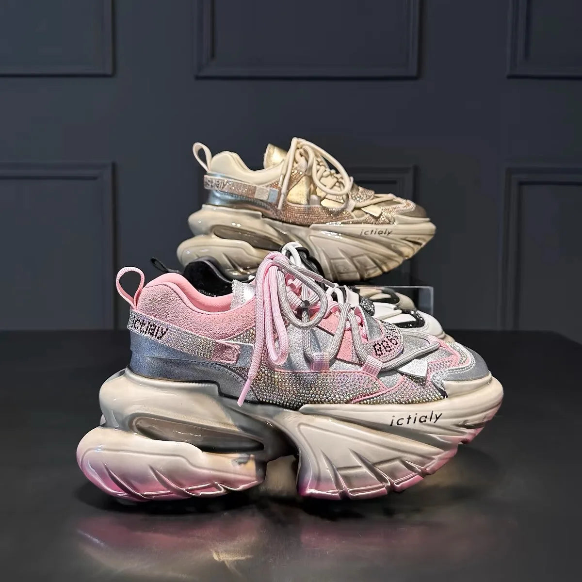 Women High Heels Platform Shoes Spring Crystal Fashion Luxury Designer Brand Chunky Sneakers Unique Design Real Leather Trendy