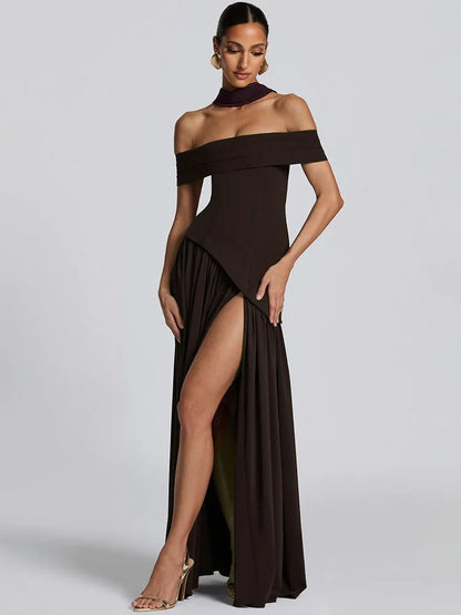 Mozision Off-shoulder Backless Sexy Maxi Dress Women Fashion Strapless Sleeveless Pleated Thigh High Split Club Party Long Dress