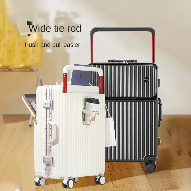 Aluminum Framed Front Open Suitcase Carry-on Bag Wide Handle Luggage Multifunctional 20/28-inch Impact Resistant Travel Bag
