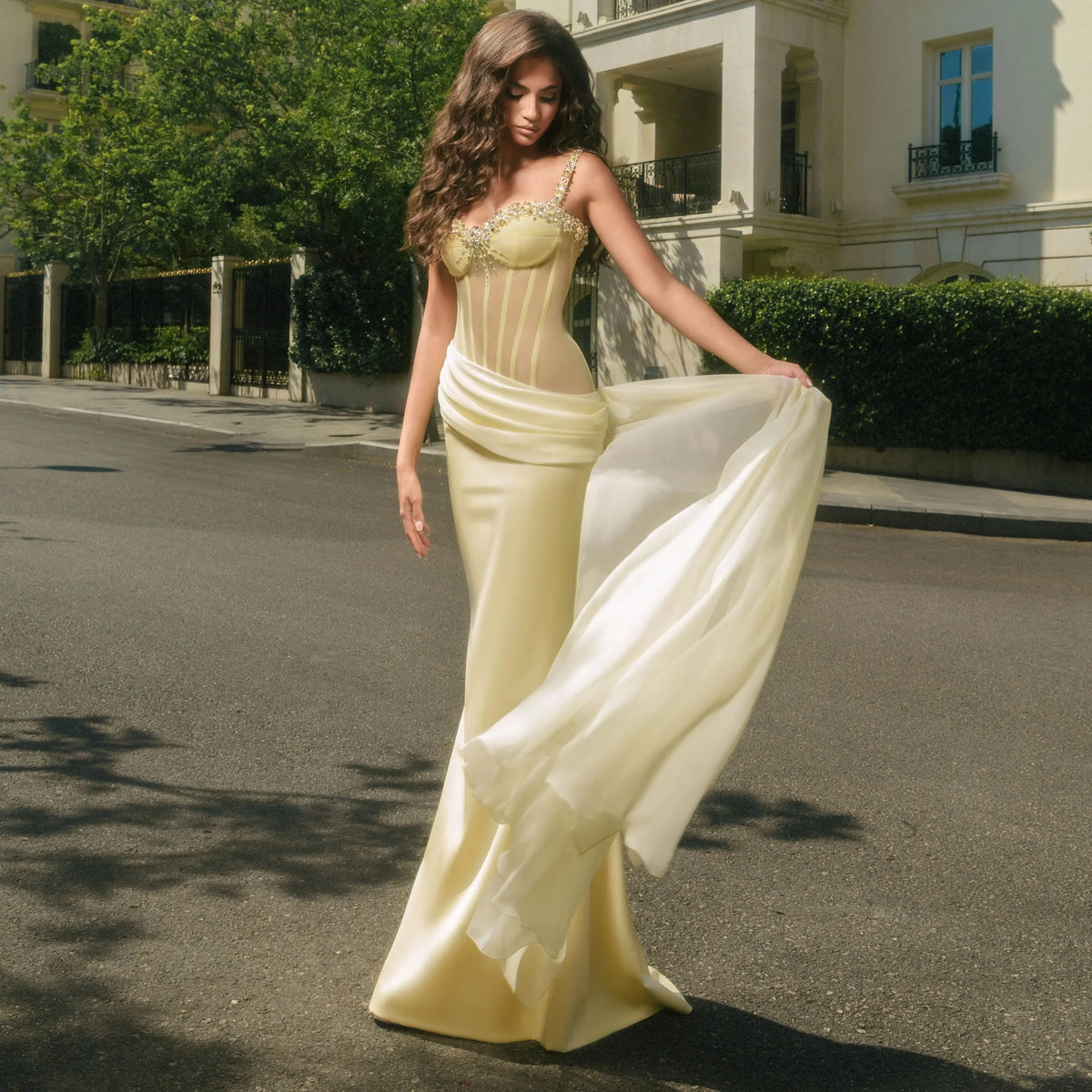 Ofherown Butter Yellow Corset Evening Dress Sheer Boning Beaded Sweetheart Draped Satin Train Formal Prom Gown Custom Made