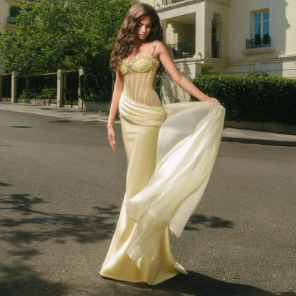 Ofherown Butter Yellow Corset Evening Dress Sheer Boning Beaded Sweetheart Draped Satin Train Formal Prom Gown Custom Made