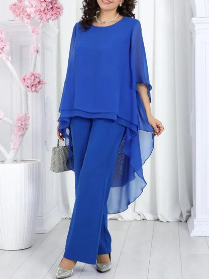 Elegant 2 Pieces Sets Woman's Chiffon Solid Mid-Sleeve Layered ruffled edges Long Top & Straight-leg Trousers Pants Sets Outfits