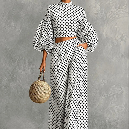 Loose Polka-dot Trousers Suit Autumn Winter Elegant Street Style Lantern Sleeve Long-sleeved Top Wide-leg Trousers Two-piece Set