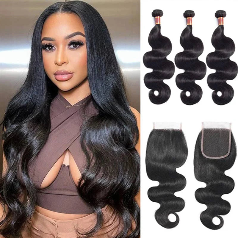 Raw Brazilian Body Wave Human Hair Bundles With Closure Remy Hair Weave Unprocessed Virgin Hair 3/4 Bundles WIth Closure...