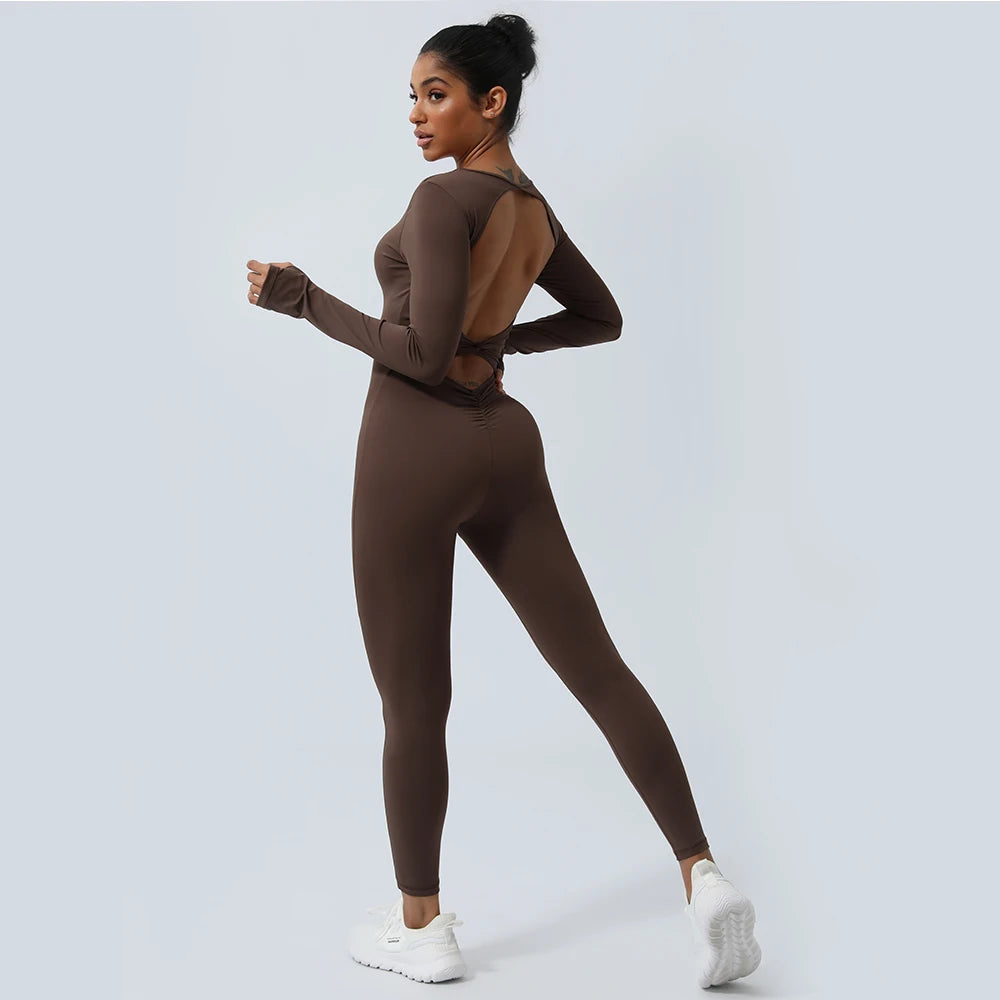 Women Fitness Jumpsuit Backless Long Sleeve Tights Yoga Set Running Training With Padded Sport Set - Kimlud