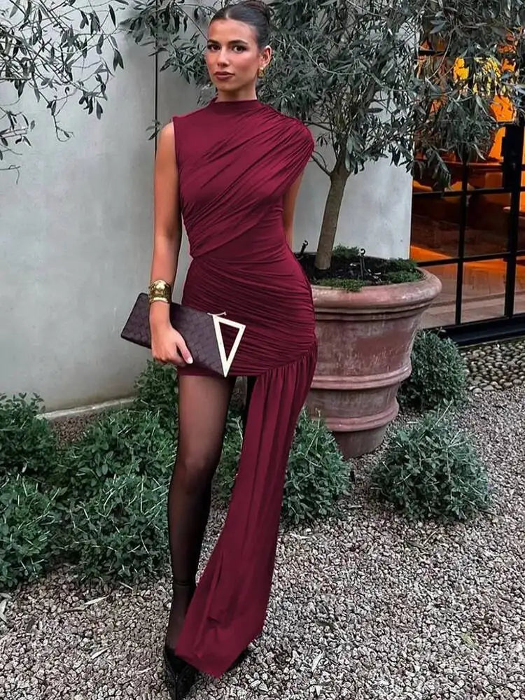 Irregular Round Neck Ruched Ribbon Women Dress Coffee Sleeveless High Waist Mini Dress Summer Slim Party Club Outfits YGZ8