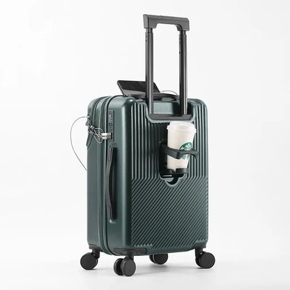 Front Opening Pocket Suitcase Travel Rolling Luggage Aluminum Alloy Trolley ABS+PC Case Bag with Spinner Wheel USB Charging Port