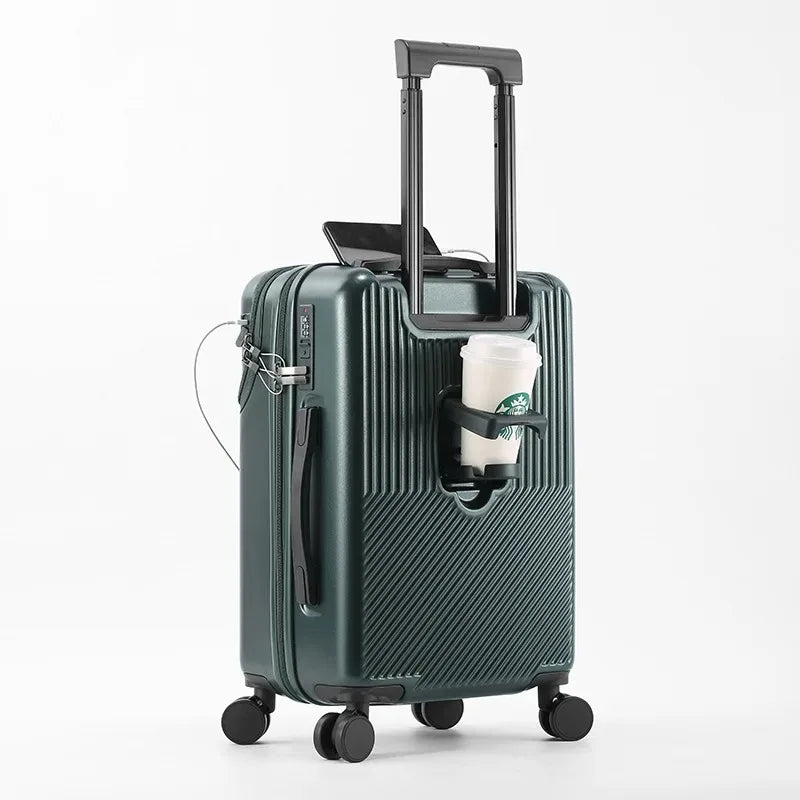 Front Opening Pocket Suitcase Travel Rolling Luggage Aluminum Alloy Trolley ABS+PC Case Bag with Spinner Wheel USB Charging Port