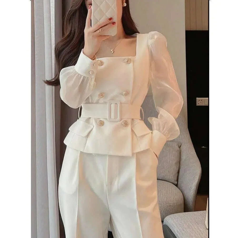 Sets Women Chic Korean Style Spring New Graceful Square Collar Tops Simple Wide Leg Pants Temperament Office Ladies Two Pieces