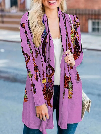 Clearance Plus Size Ethnic Print Long Sleeve Top Coat Bohe Retro Mid-Length Cardigan Daily Comfortable Female Clothing On Sale