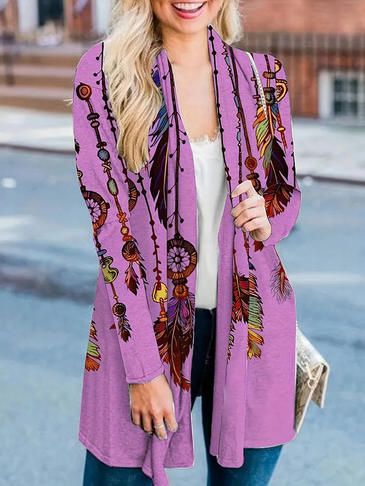 Clearance Plus Size Ethnic Print Long Sleeve Top Coat Bohe Retro Mid-Length Cardigan Daily Comfortable Female Clothing On Sale