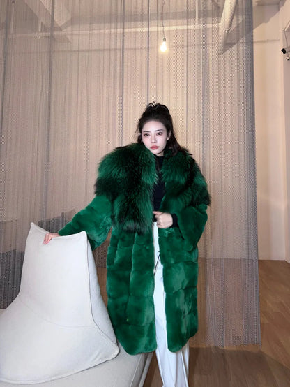 2023 New Winter Women Real Rex Rabbit Fur Coat Long Luxury Jacket with Super Large Raccoon Fur Collar Ladies Fashion Overcoat