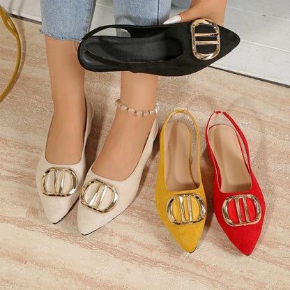 French Pointed-toe Metal Flat Shoes Baotou Sandals Shallow-mouth Single Shoes Foreign-style Explosive Internet Celebrity