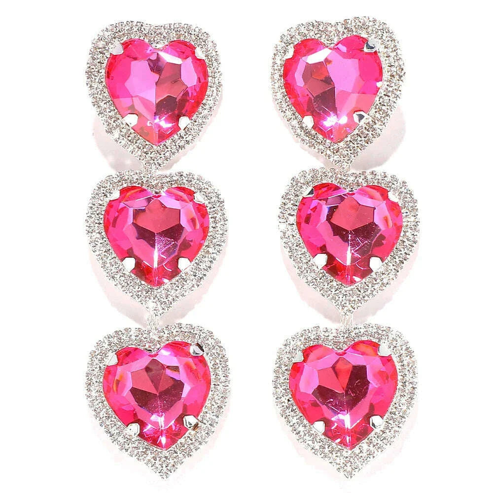 Exaggerate Design Pink Crystal Heart Earrings Statement Jewelry Women 2023 Love Pendant Rhinestone Dangle Earrings Party Gifts