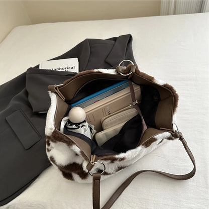 Large Capacity Shopper Bags For Women Winter Travel Tote Bag Cow Printing Plush Shoulder Bag Ladies Handbag Designer Bolsos