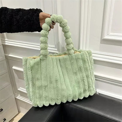 Autumn Winter Soft Plush Totes Bags, Stylish College Student Women Handbag Shoulder Bag with Leather Material Polyester Lining