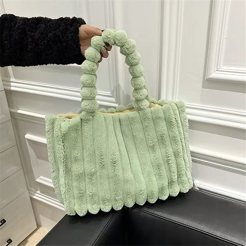 Autumn Winter Soft Plush Totes Bags, Stylish College Student Women Handbag Shoulder Bag with Leather Material Polyester Lining