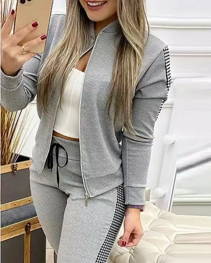 Autumn Winter Women's Sports Zipper Plaid Tracksuits Elegant Retro Jacket Coat And Drawstring Pants Two Piece Set Women...